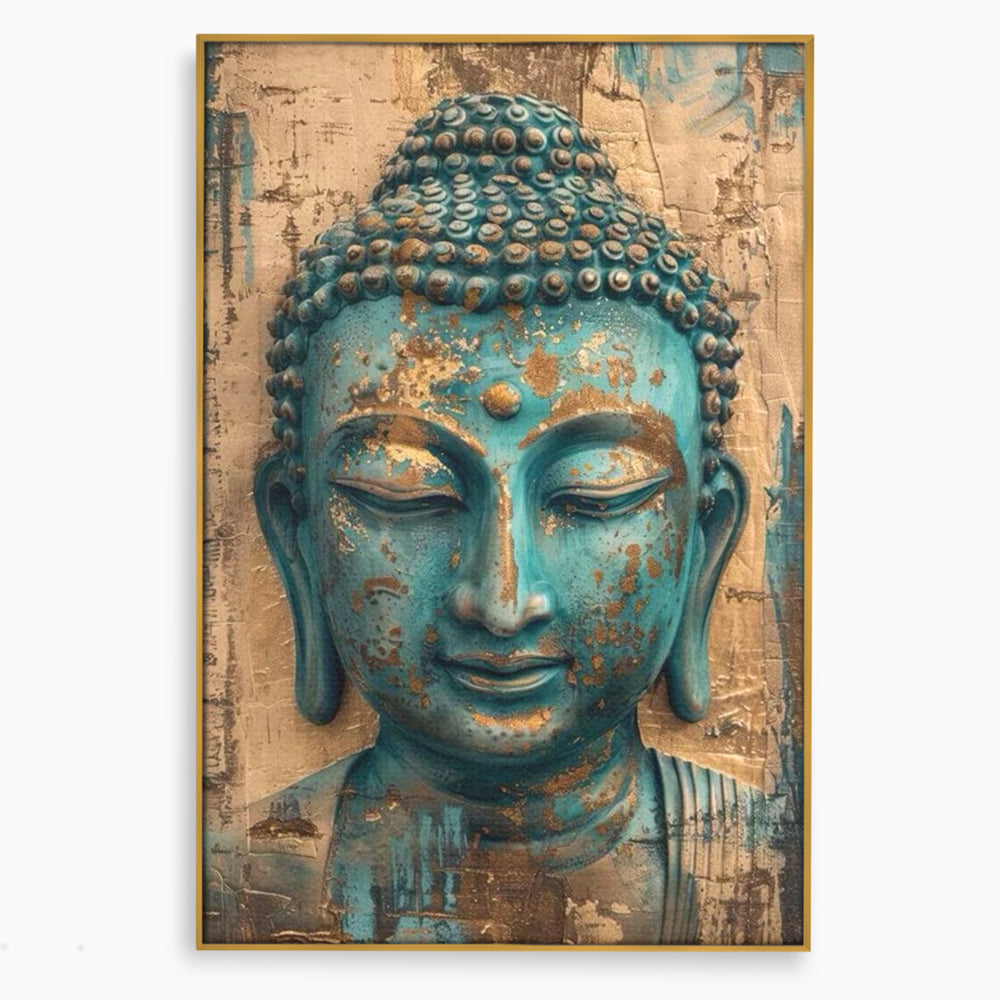 Tablou canvas cu tablou canvas cu capul lui buddha turcoaz, in rama de aluminiu auriu